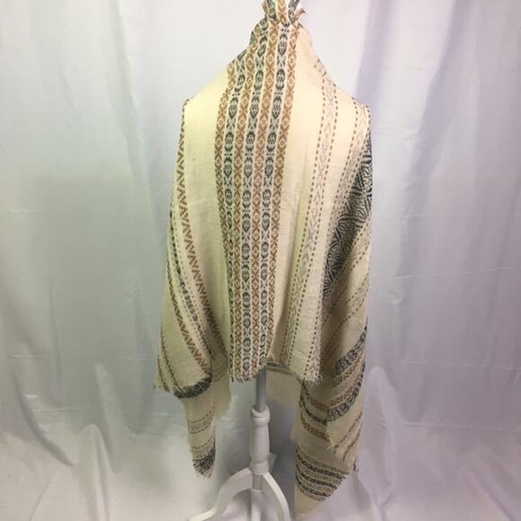 Stripe pattern Scarf Cream Black Tan with Fringe - Picture 8 of 12